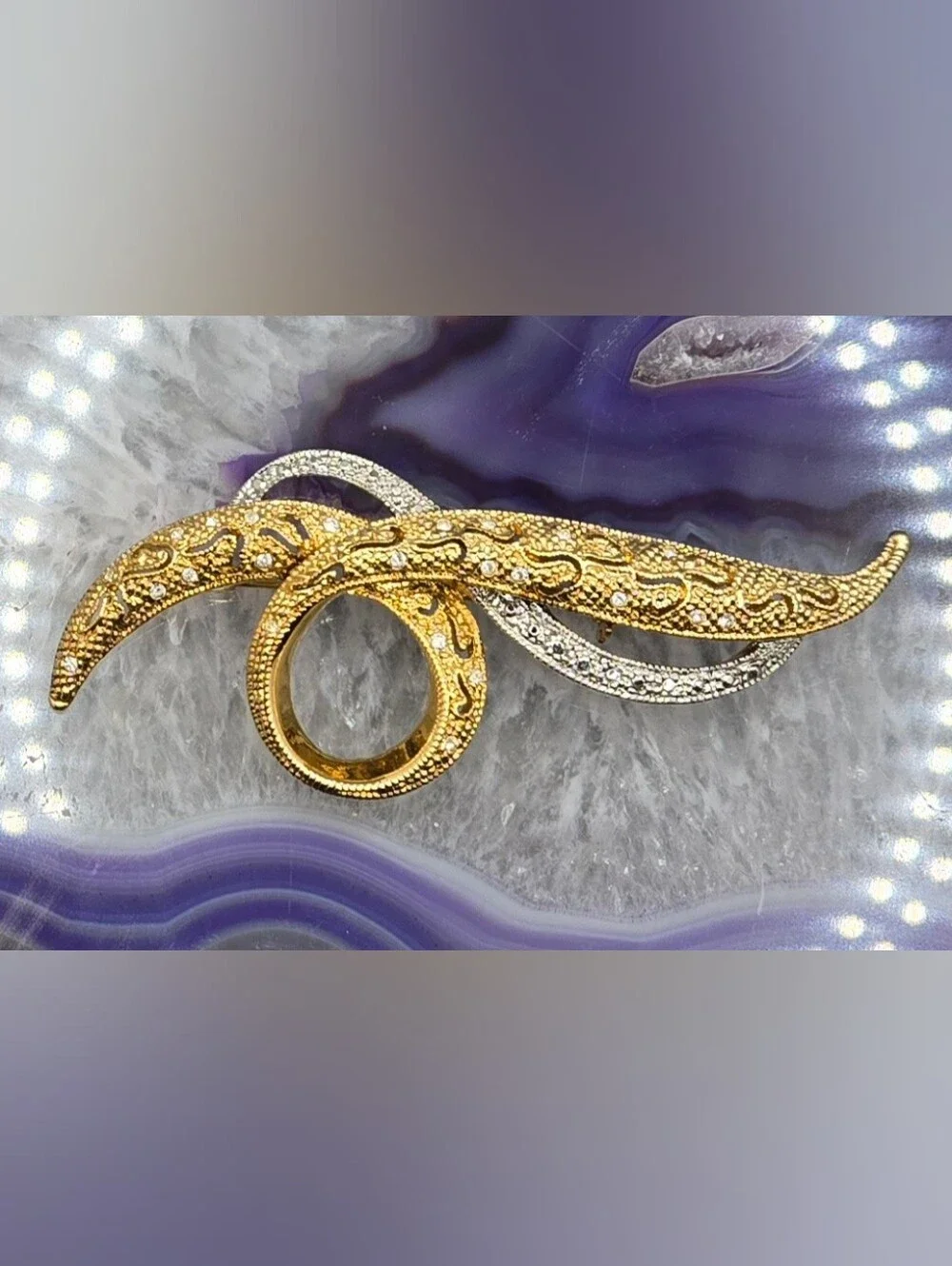 Avon Brooch Gold & Silver Tones Textured w/ Faceted Glass Crystals